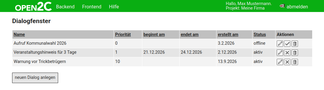 Screenshot des Open2C-Backends: Liste von Dialogen und Button „neuen Dialog anlegen“