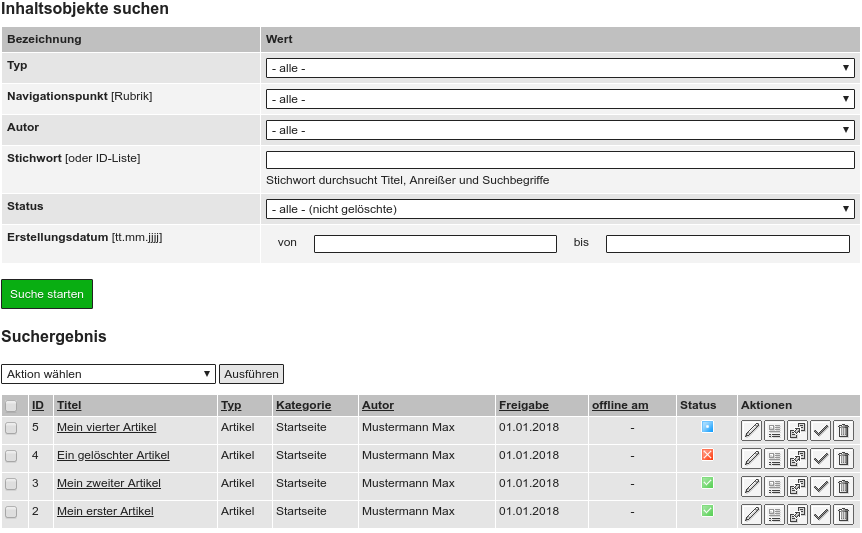 Liste von Inhaltsobjekten im Backend