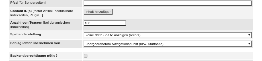 Formular zum Anlegen neuer Navigationspunkte (Ausschnitt)